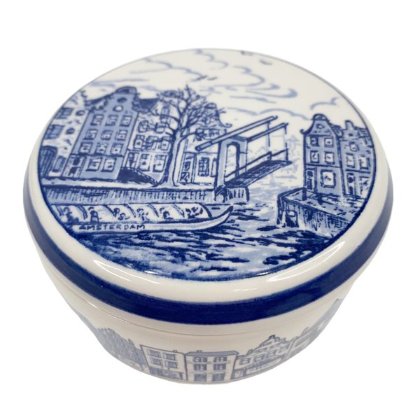 *SOLD* Delft Blauw Blue Trinket Dish Box Jar w Lid Hand Painted Holland Houses - Picture 12 of 12